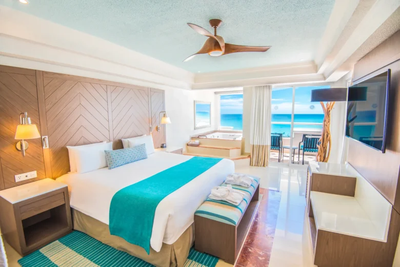 Master Suite Ocean View King with whirlpool tub and private terrace at Sunscape Cancun Resort & Spa.