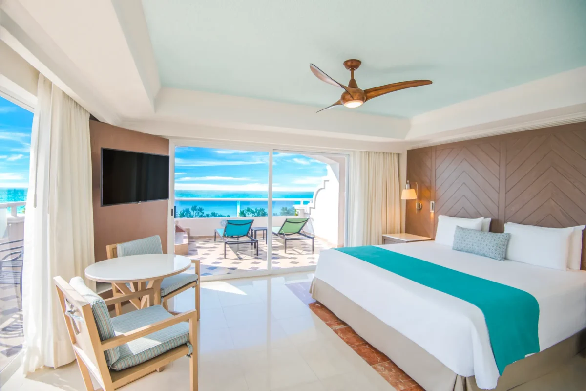 Sun Club Oceanfront Master Suite bedroom with oceanfront terrace at Sunscape Cancun Resort & Spa.